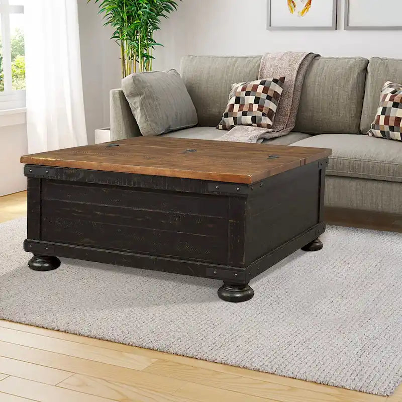 Table basse relevable avec rangement façon malle, marron et noir, bois, style planches, accents métalliques