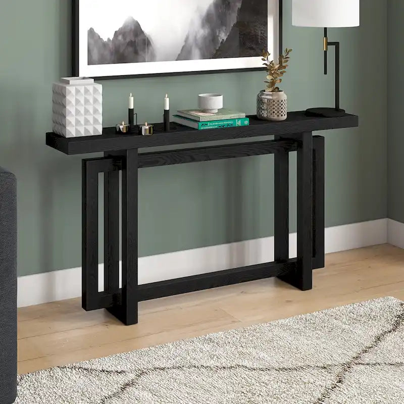 Console rectangulaire 55", Chêne blanc/noir/gris, Piètement géométrique, MDF