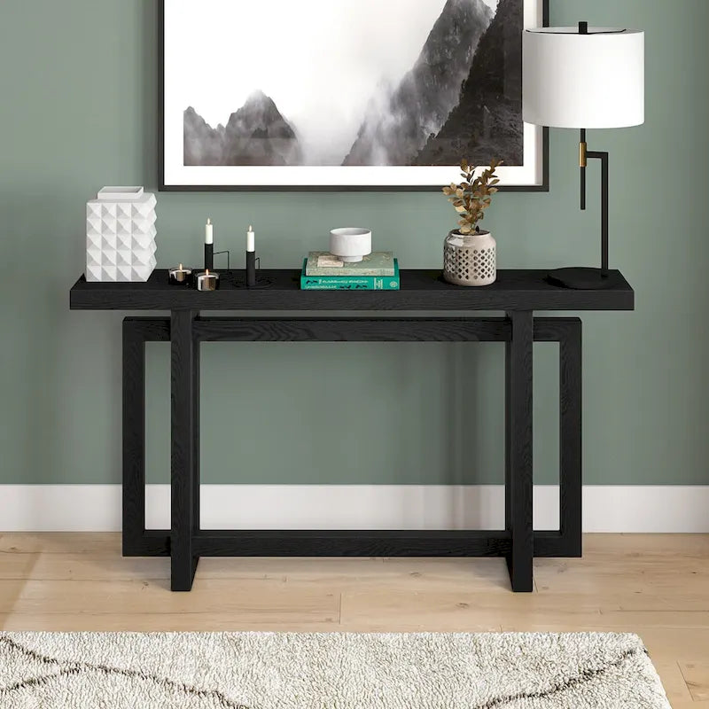 Console rectangulaire 55", Chêne blanc/noir/gris, Piètement géométrique, MDF