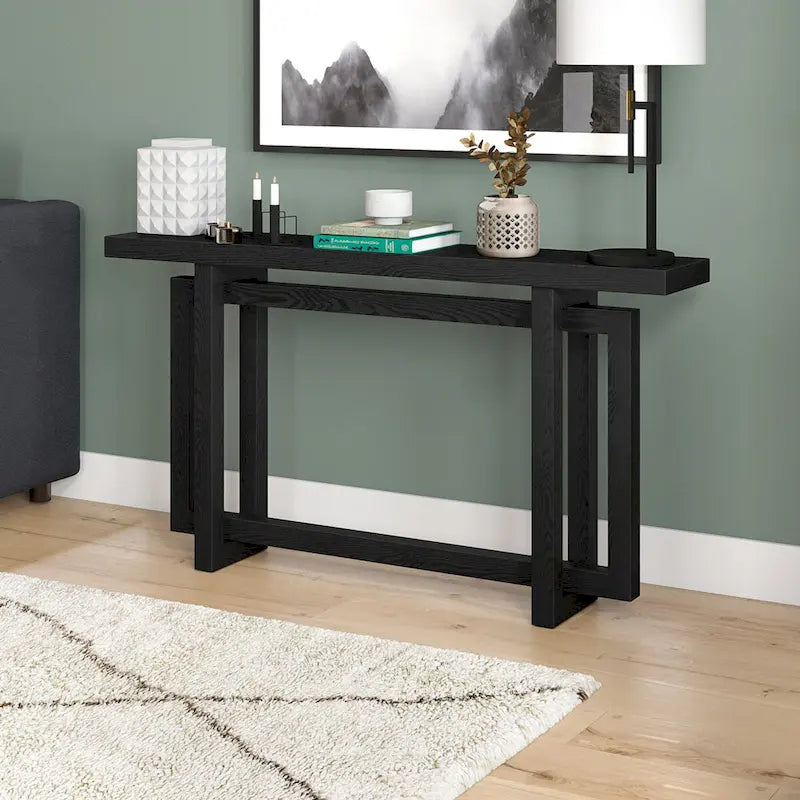 Console rectangulaire 55", Chêne blanc/noir/gris, Piètement géométrique, MDF