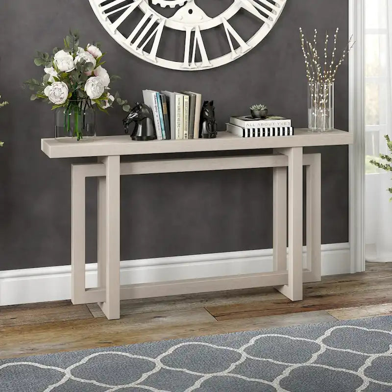 Console rectangulaire 55", Chêne blanc/noir/gris, Piètement géométrique, MDF