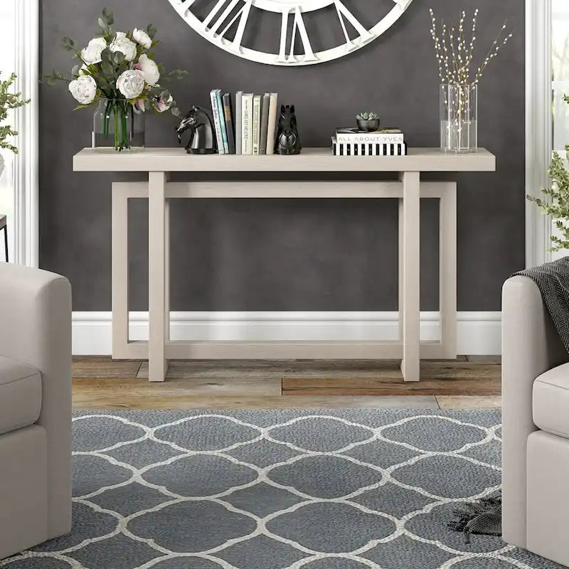 Console rectangulaire 55", Chêne blanc/noir/gris, Piètement géométrique, MDF