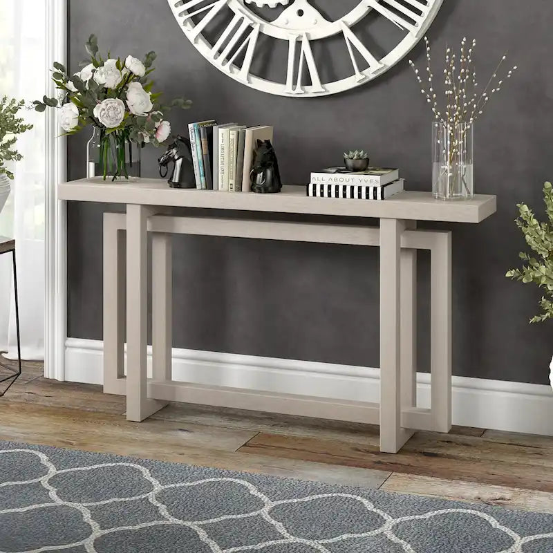 Console rectangulaire 55", Chêne blanc/noir/gris, Piètement géométrique, MDF