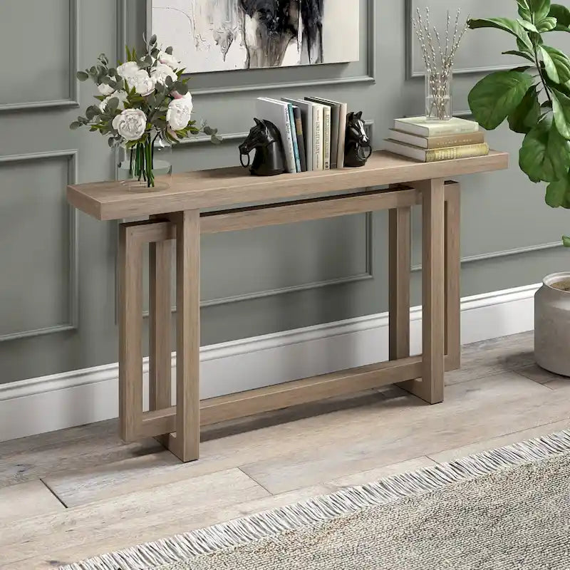 Console rectangulaire 55", Chêne blanc/noir/gris, Piètement géométrique, MDF