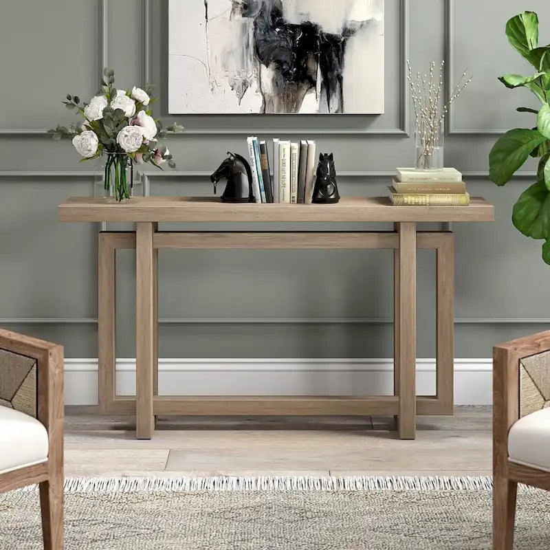 Console rectangulaire 55", Chêne blanc/noir/gris, Piètement géométrique, MDF