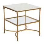 Table d'appoint carrée à plateau en marbre, or/noir et blanc, pieds en fer, étagère en verre