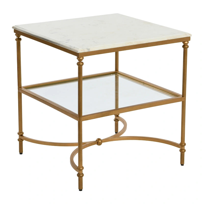 Table d'appoint carrée à plateau en marbre, or/noir et blanc, pieds en fer, étagère en verre