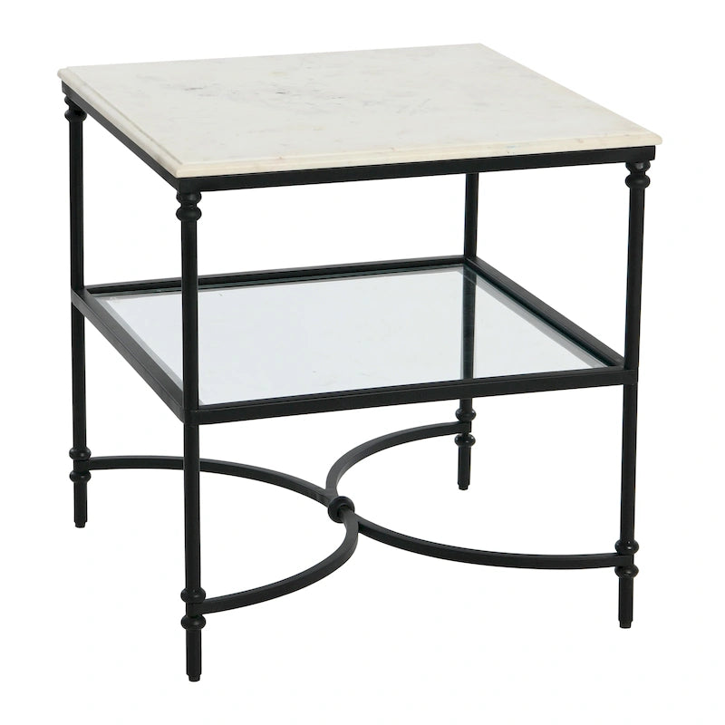 Table d'appoint carrée à plateau en marbre, or/noir et blanc, pieds en fer, étagère en verre