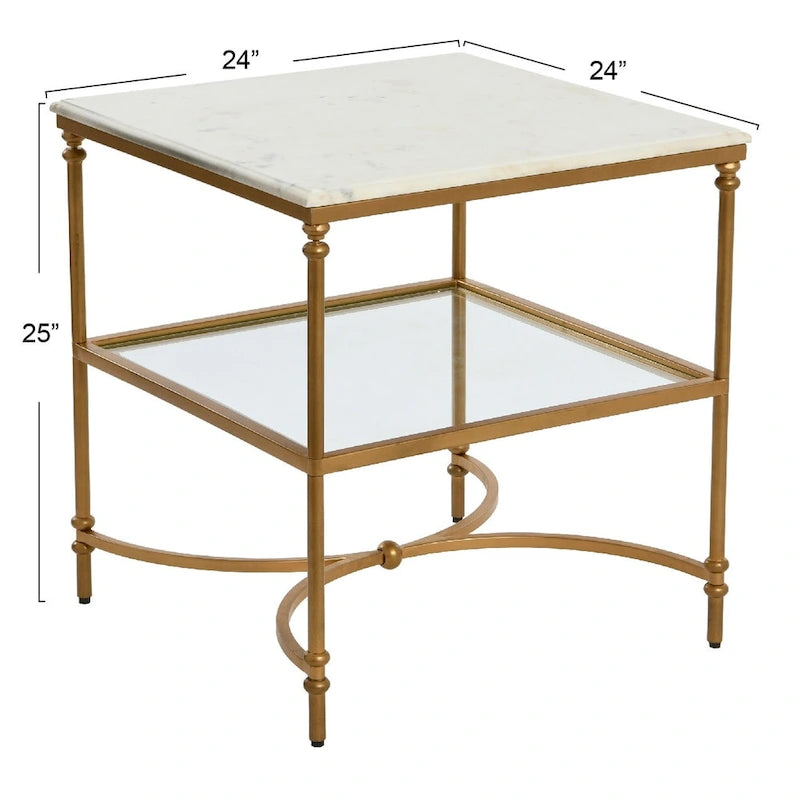 Table d'appoint carrée à plateau en marbre, or/noir et blanc, pieds en fer, étagère en verre