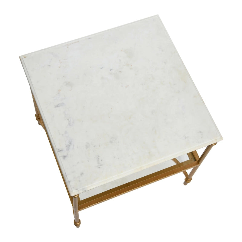 Table d'appoint carrée à plateau en marbre, or/noir et blanc, pieds en fer, étagère en verre