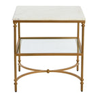 Table d'appoint carrée à plateau en marbre, or/noir et blanc, pieds en fer, étagère en verre