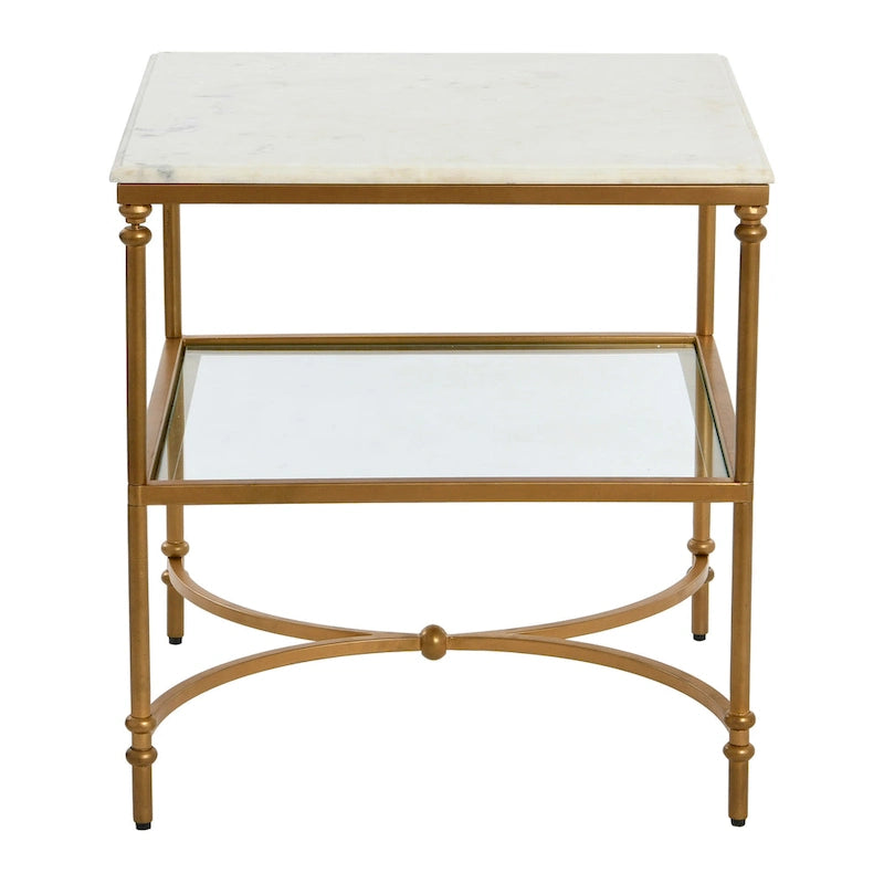 Table d'appoint carrée à plateau en marbre, or/noir et blanc, pieds en fer, étagère en verre
