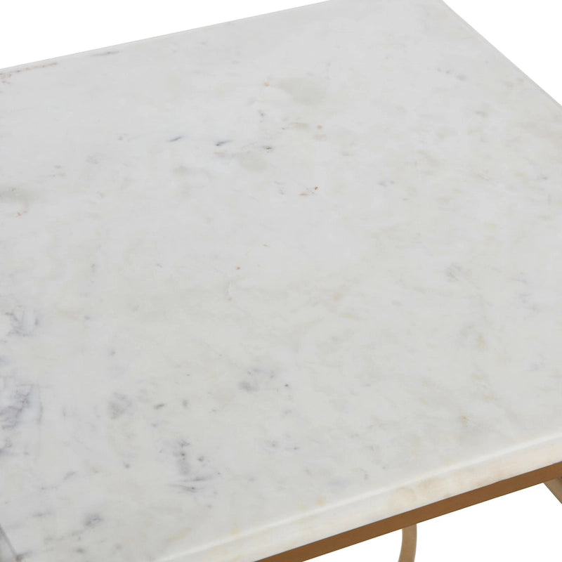 Table d'appoint carrée à plateau en marbre, or/noir et blanc, pieds en fer, étagère en verre
