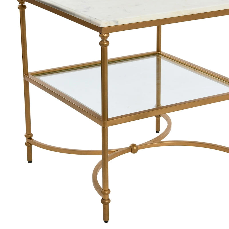 Table d'appoint carrée à plateau en marbre, or/noir et blanc, pieds en fer, étagère en verre