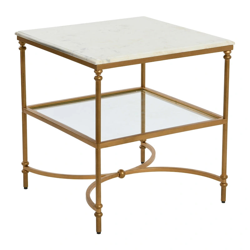 Table d'appoint carrée à plateau en marbre, or/noir et blanc, pieds en fer, étagère en verre