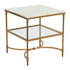 Table d'appoint carrée à plateau en marbre, or/noir et blanc, pieds en fer, étagère en verre