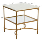 Table d'appoint carrée à plateau en marbre, or/noir et blanc, pieds en fer, étagère en verre