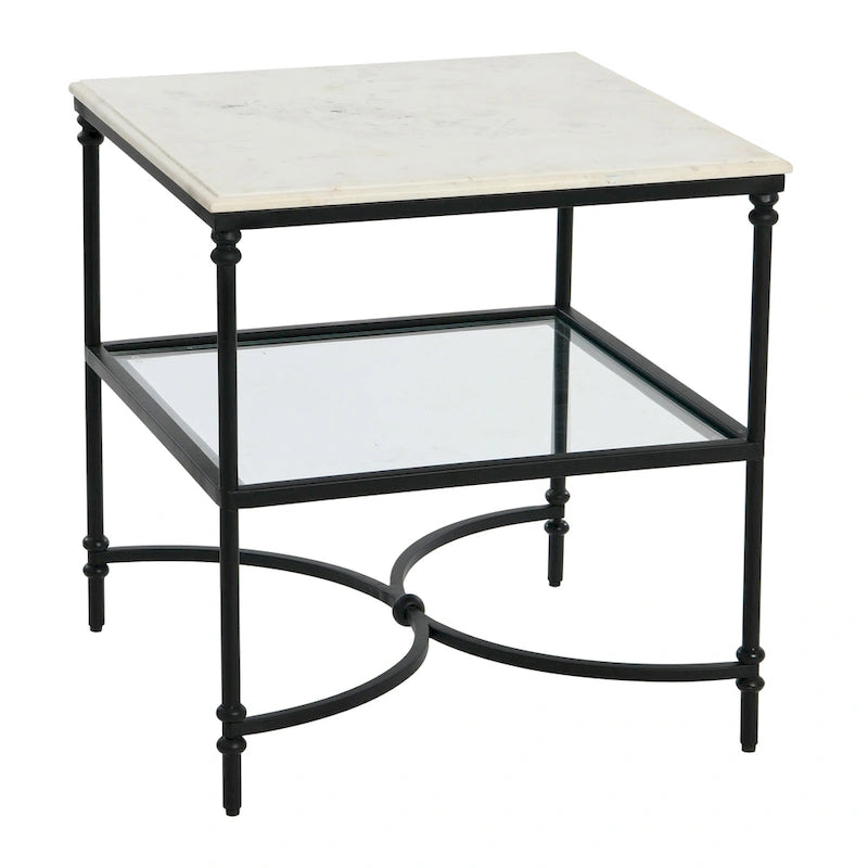 Table d'appoint carrée à plateau en marbre, or/noir et blanc, pieds en fer, étagère en verre