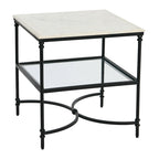 Table d'appoint carrée à plateau en marbre, or/noir et blanc, pieds en fer, étagère en verre