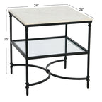 Table d'appoint carrée à plateau en marbre, or/noir et blanc, pieds en fer, étagère en verre
