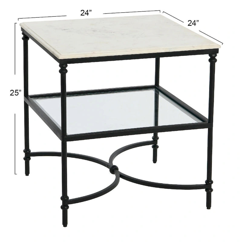 Table d'appoint carrée à plateau en marbre, or/noir et blanc, pieds en fer, étagère en verre
