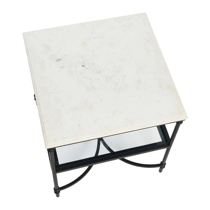 Table d'appoint carrée à plateau en marbre, or/noir et blanc, pieds en fer, étagère en verre