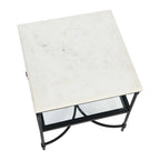 Table d'appoint carrée à plateau en marbre, or/noir et blanc, pieds en fer, étagère en verre