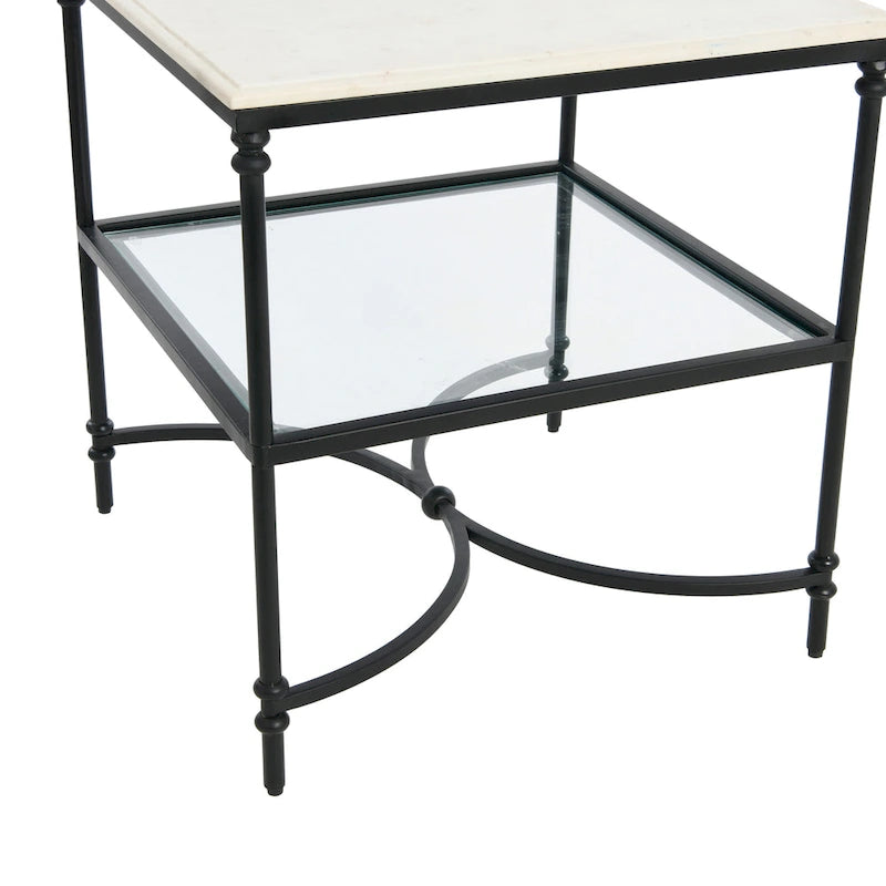 Table d'appoint carrée à plateau en marbre, or/noir et blanc, pieds en fer, étagère en verre