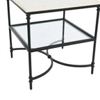 Table d'appoint carrée à plateau en marbre, or/noir et blanc, pieds en fer, étagère en verre