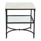 Table d'appoint carrée à plateau en marbre, or/noir et blanc, pieds en fer, étagère en verre