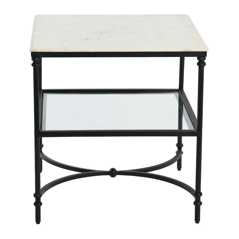 Table d'appoint carrée à plateau en marbre, or/noir et blanc, pieds en fer, étagère en verre