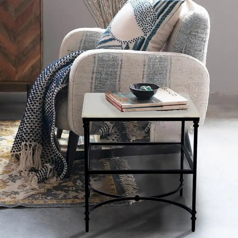 Table d'appoint carrée à plateau en marbre, or/noir et blanc, pieds en fer, étagère en verre