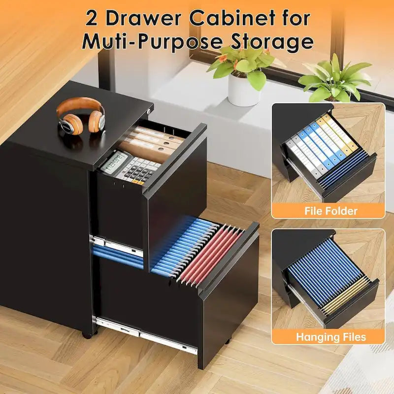 Classeur mobile à 2 tiroirs avec serrure, 68,6 cm H x 38,1 cm L x 45,7 cm P, acier laminé à froid, bureau à domicile