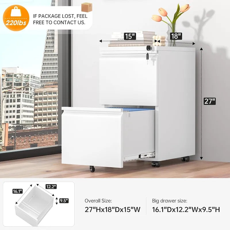 Classeur mobile à 2 tiroirs avec serrure, 68,6 cm H x 38,1 cm L x 45,7 cm P, acier laminé à froid, bureau à domicile