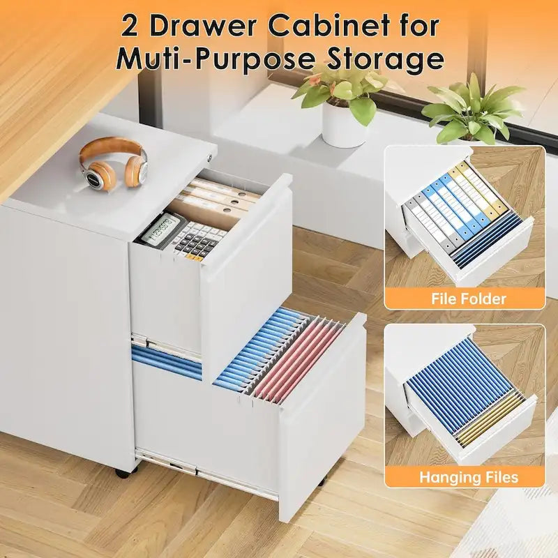 Classeur mobile à 2 tiroirs avec serrure, 68,6 cm H x 38,1 cm L x 45,7 cm P, acier laminé à froid, bureau à domicile