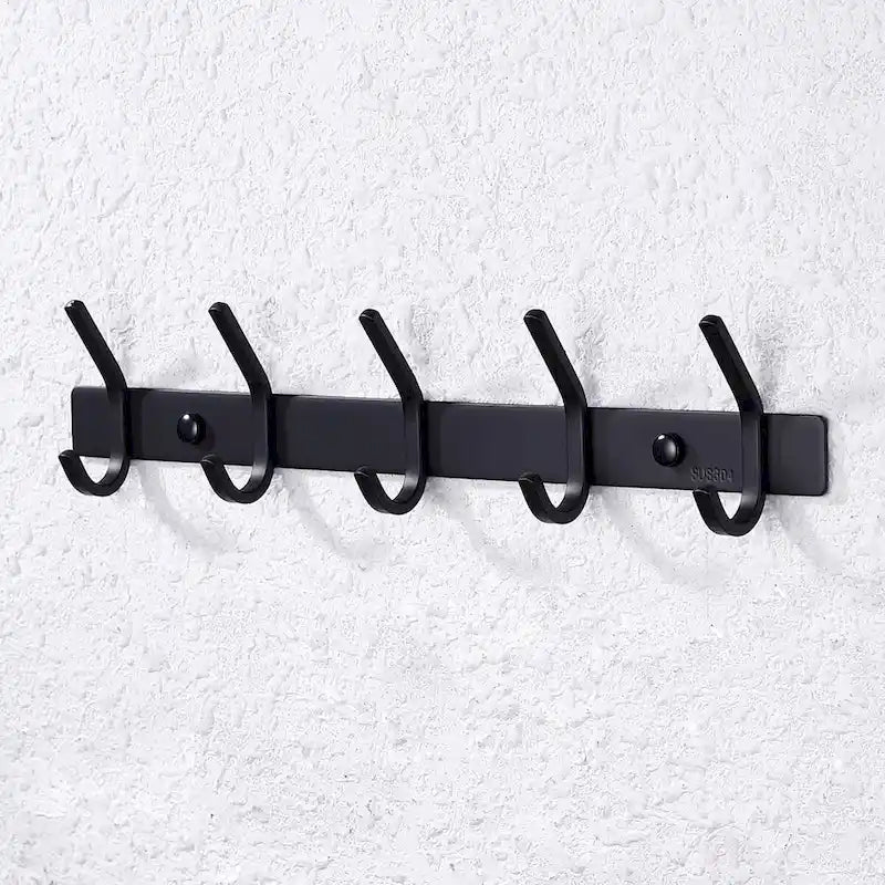 Patère murale 5 crochets noire/argentée pour serviettes et peignoirs, acier inoxydable 304, salle de bain et chambre