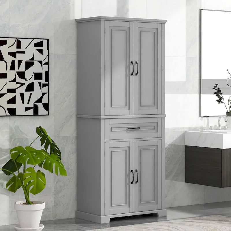 Meuble Colonne de Rangement pour Salle de Bain, Gris/Noir/Blanc, 4 Portes 1 Tiroir, Étagère Réglable