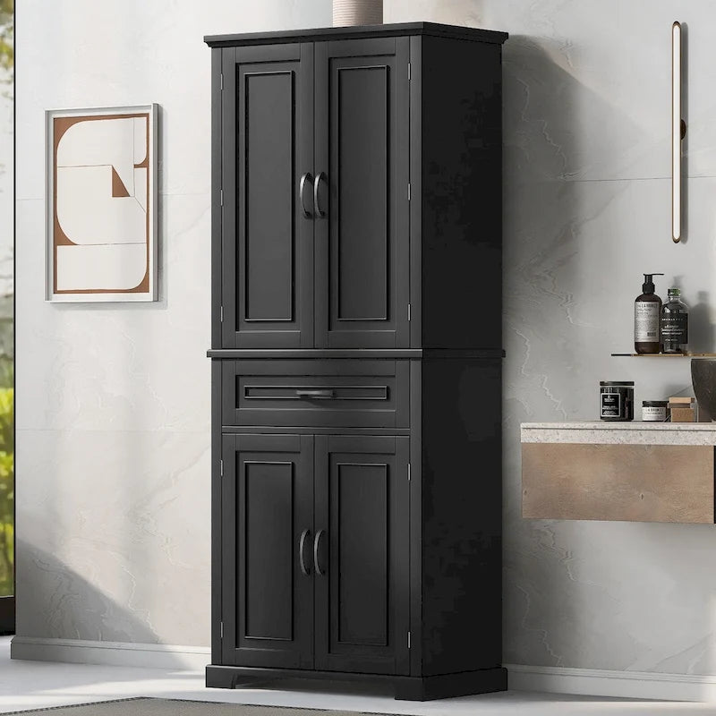 Meuble Colonne de Rangement pour Salle de Bain, Gris/Noir/Blanc, 4 Portes 1 Tiroir, Étagère Réglable