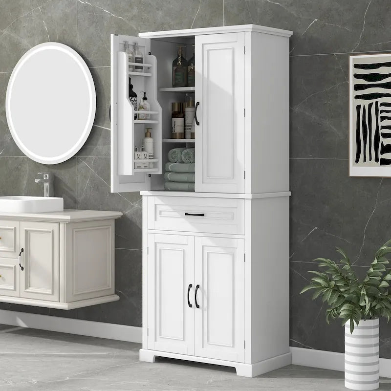 Meuble Colonne de Rangement pour Salle de Bain, Gris/Noir/Blanc, 4 Portes 1 Tiroir, Étagère Réglable