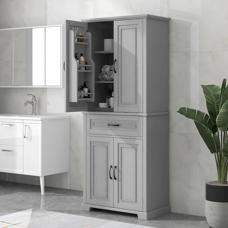 Meuble Colonne de Rangement pour Salle de Bain, Gris/Noir/Blanc, 4 Portes 1 Tiroir, Étagère Réglable