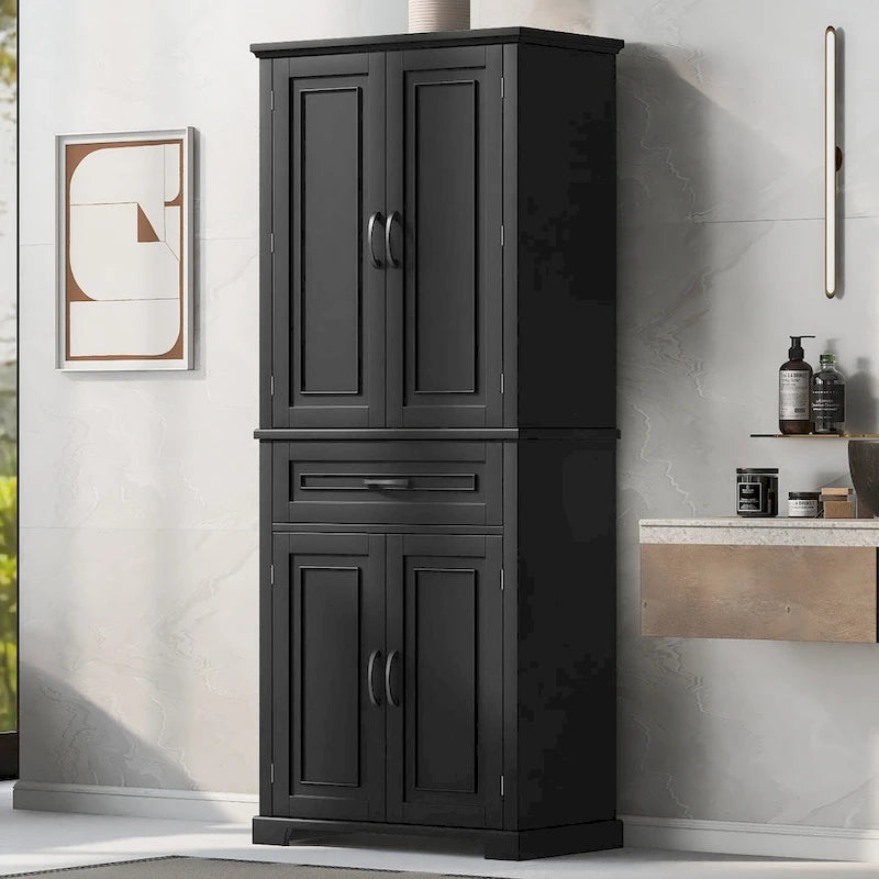 Meuble Colonne de Rangement pour Salle de Bain, Gris/Noir/Blanc, 4 Portes 1 Tiroir, Étagère Réglable