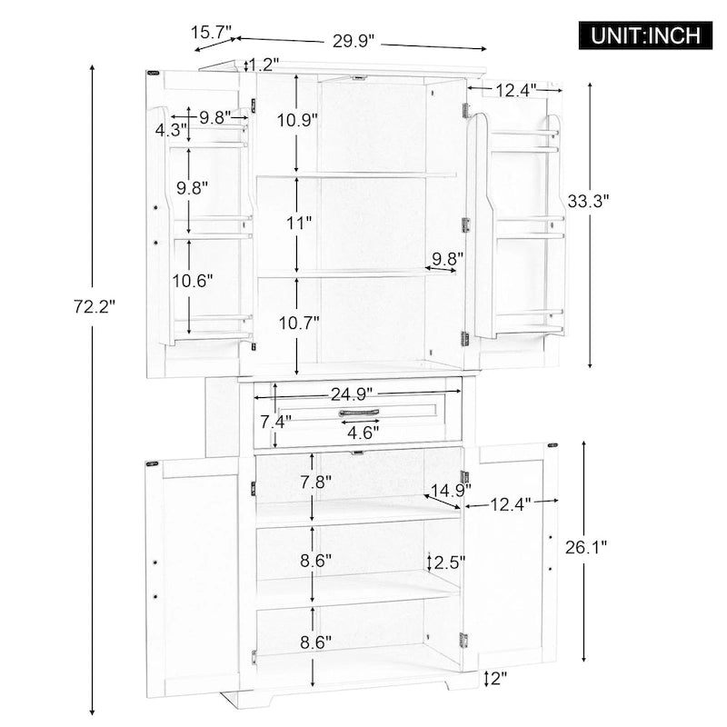 Meuble Colonne de Rangement pour Salle de Bain, Gris/Noir/Blanc, 4 Portes 1 Tiroir, Étagère Réglable