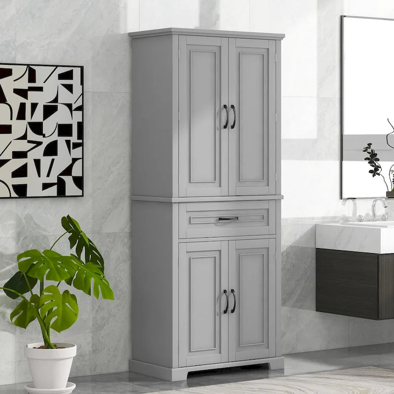Meuble Colonne de Rangement pour Salle de Bain, Gris/Noir/Blanc, 4 Portes 1 Tiroir, Étagère Réglable