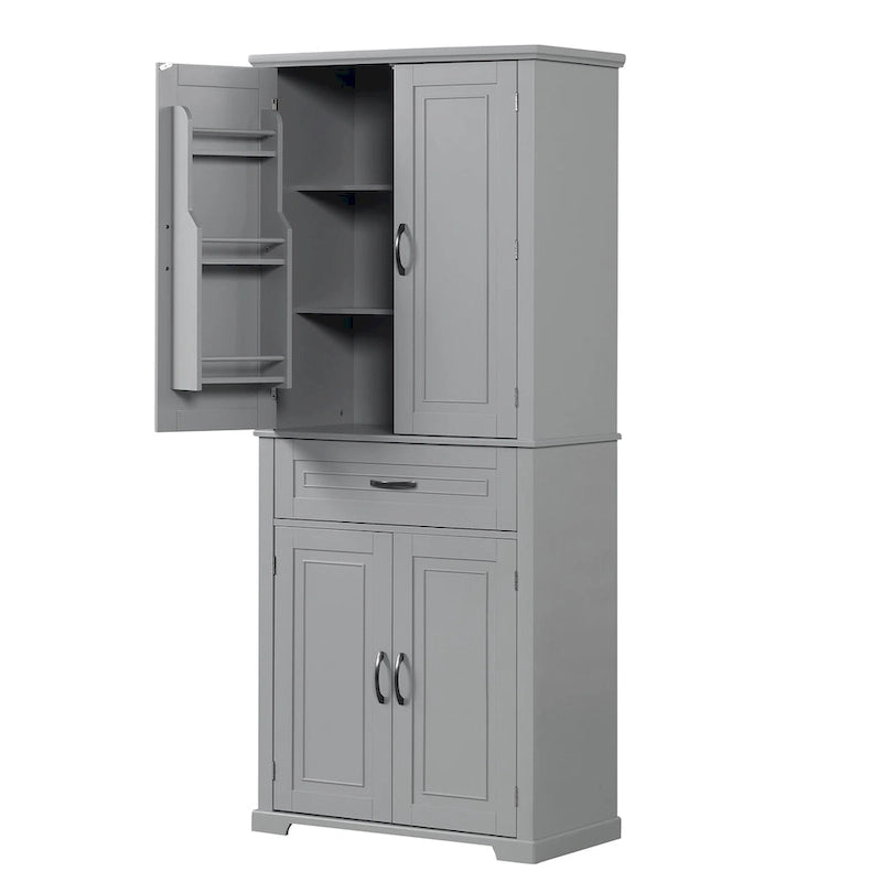 Meuble Colonne de Rangement pour Salle de Bain, Gris/Noir/Blanc, 4 Portes 1 Tiroir, Étagère Réglable