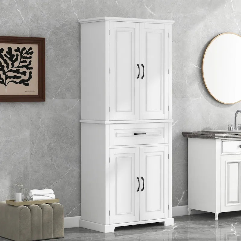 Meuble Colonne de Rangement pour Salle de Bain, Gris/Noir/Blanc, 4 Portes 1 Tiroir, Étagère Réglable