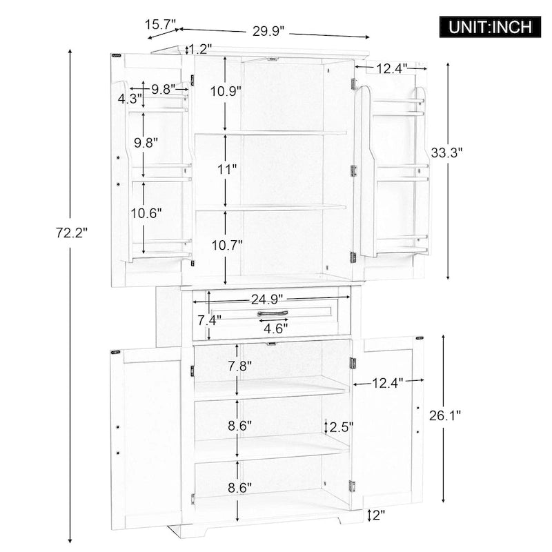 Meuble Colonne de Rangement pour Salle de Bain, Gris/Noir/Blanc, 4 Portes 1 Tiroir, Étagère Réglable
