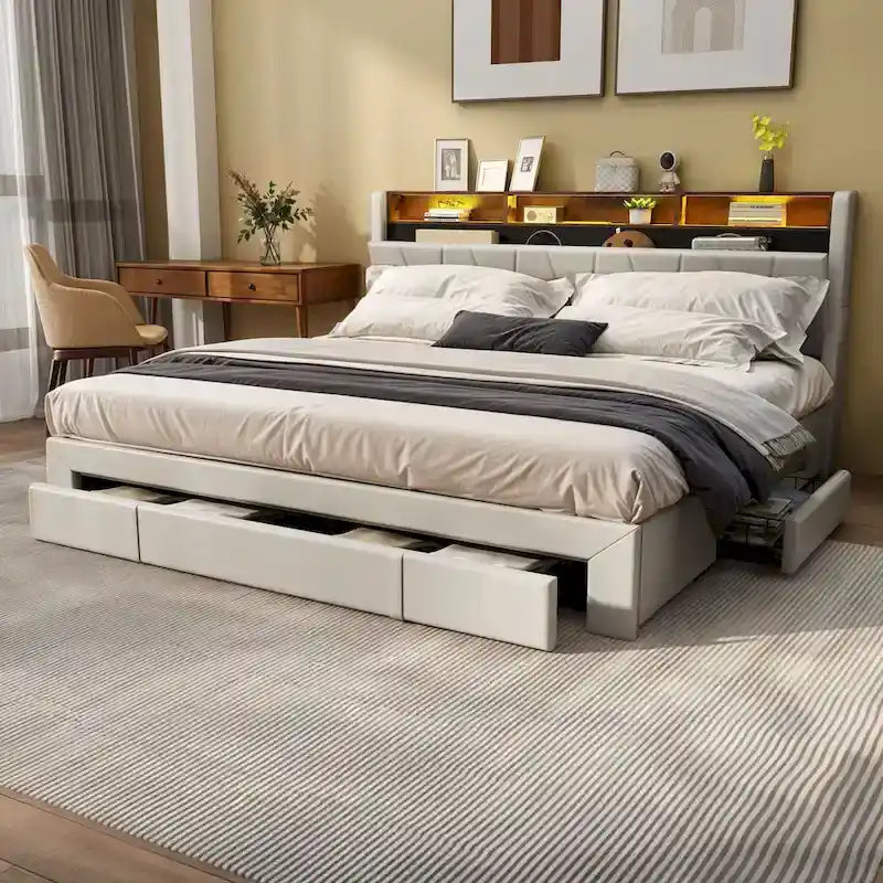 Moasis Queen Storage Upholstered Headboard Bed Frame