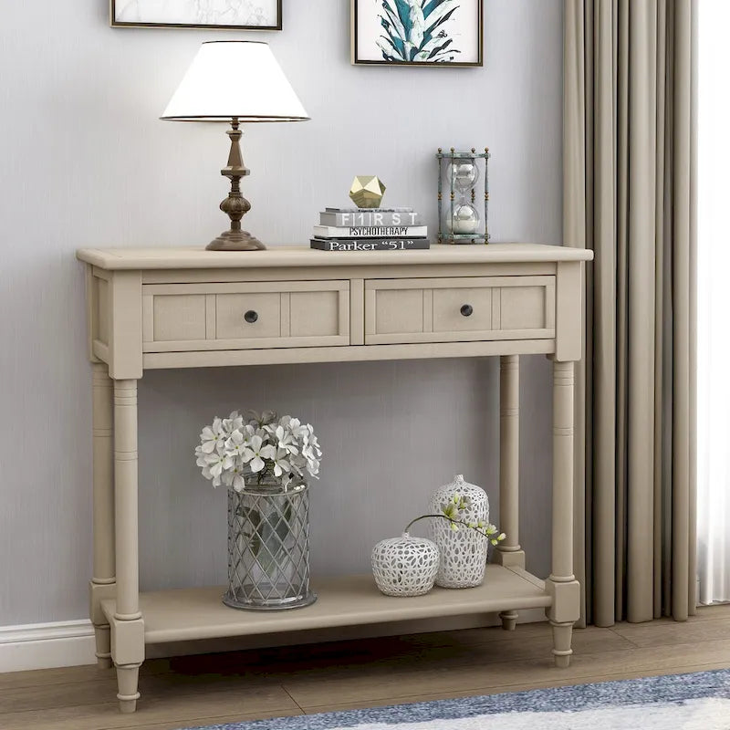 Console en pin avec 2 tiroirs et étagère inférieure, style traditionnel vintage, 90 cm (L), gris/vert antique