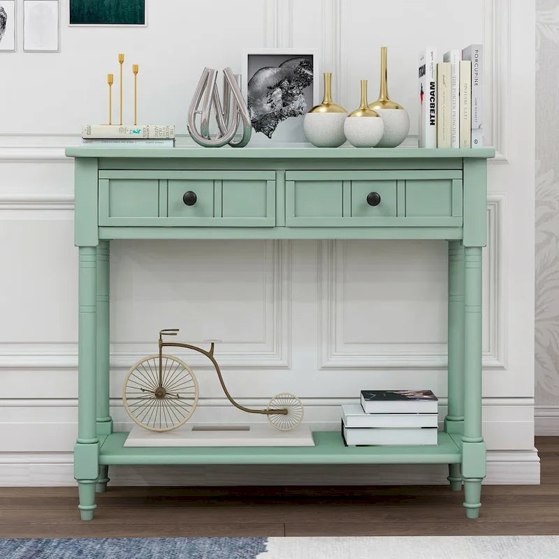 Console en pin avec 2 tiroirs et étagère inférieure, style traditionnel vintage, 90 cm (L), gris/vert antique