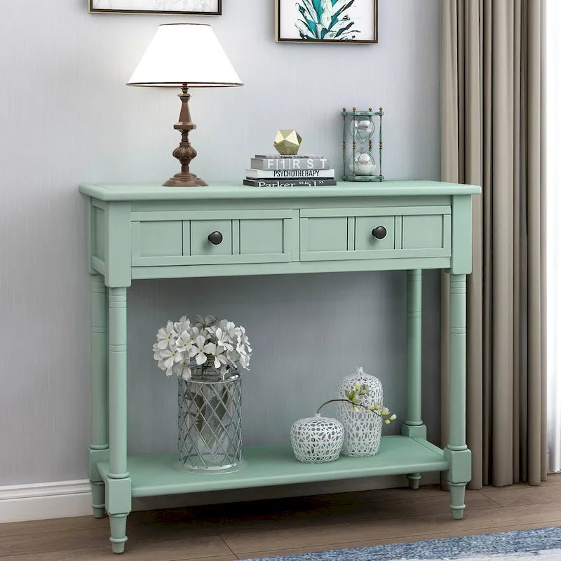 Console en pin avec 2 tiroirs et étagère inférieure, style traditionnel vintage, 90 cm (L), gris/vert antique